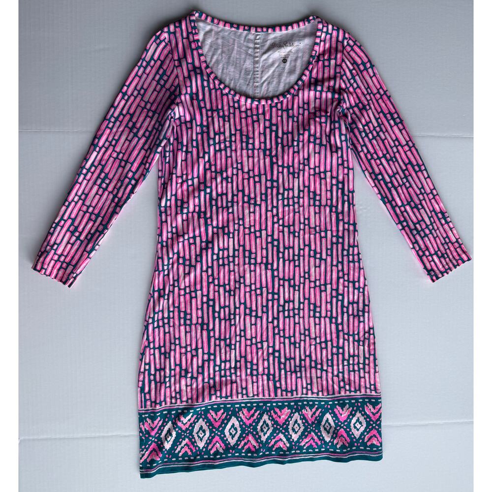 Lilly Pulitzer Pink Teal Shift Dress 100% Pima Cotton 3/4 Sleeve Size XS